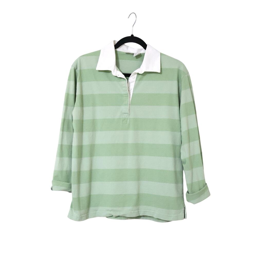 Vintage Cherokee Pastel Green Striped Long Sleeve Polo Rugby Shirt L 90s Preppy
